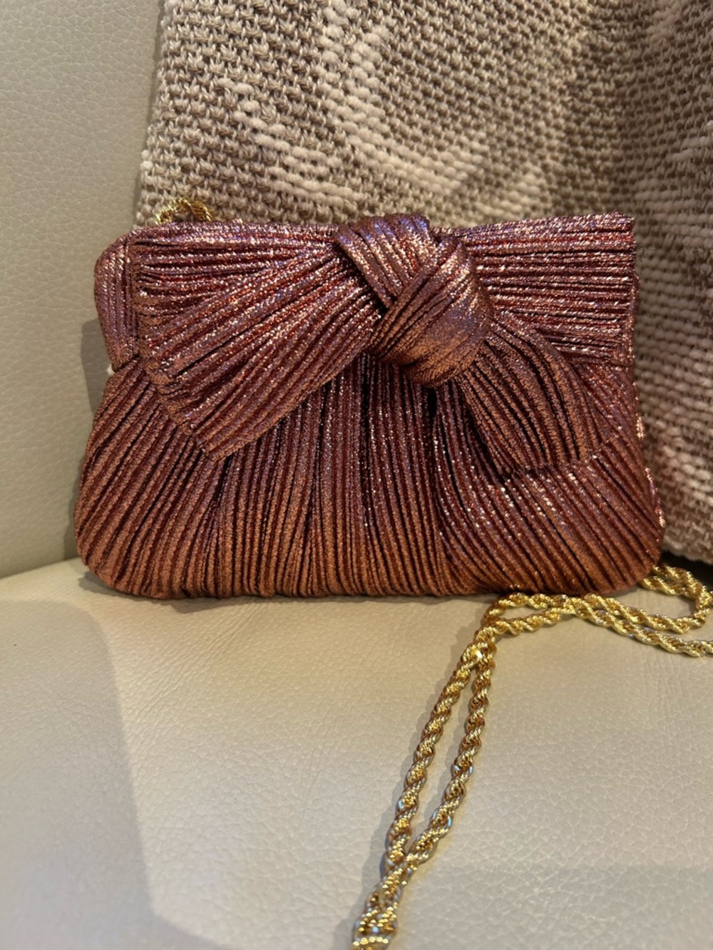 Loeffler Randall Small Pleated Bow Clutch - Metallic Rose Pink